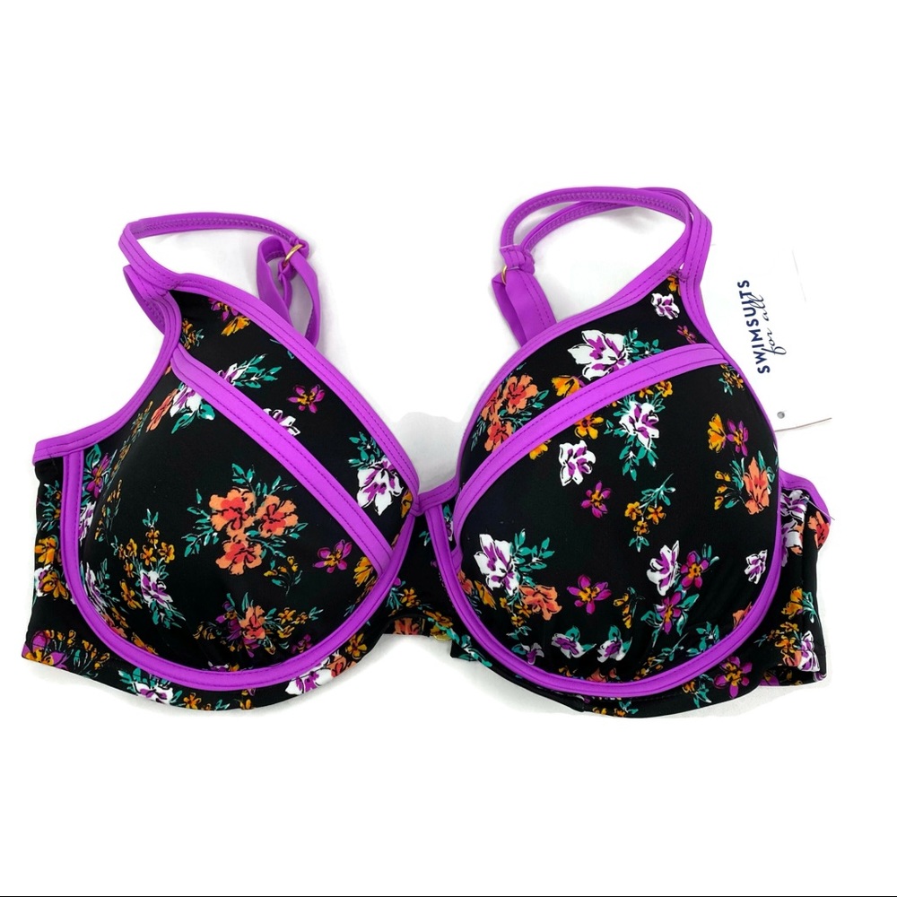 Swimsuits For All Black Floral With Purple Trim 12